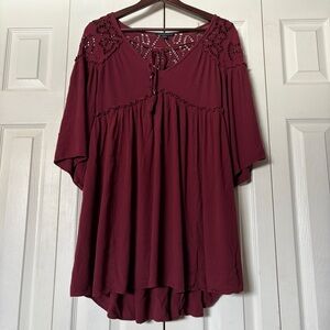 American Eagle Burgundy Boho V-Neck Lace Detail Flowy Flutter Sleeve Dress